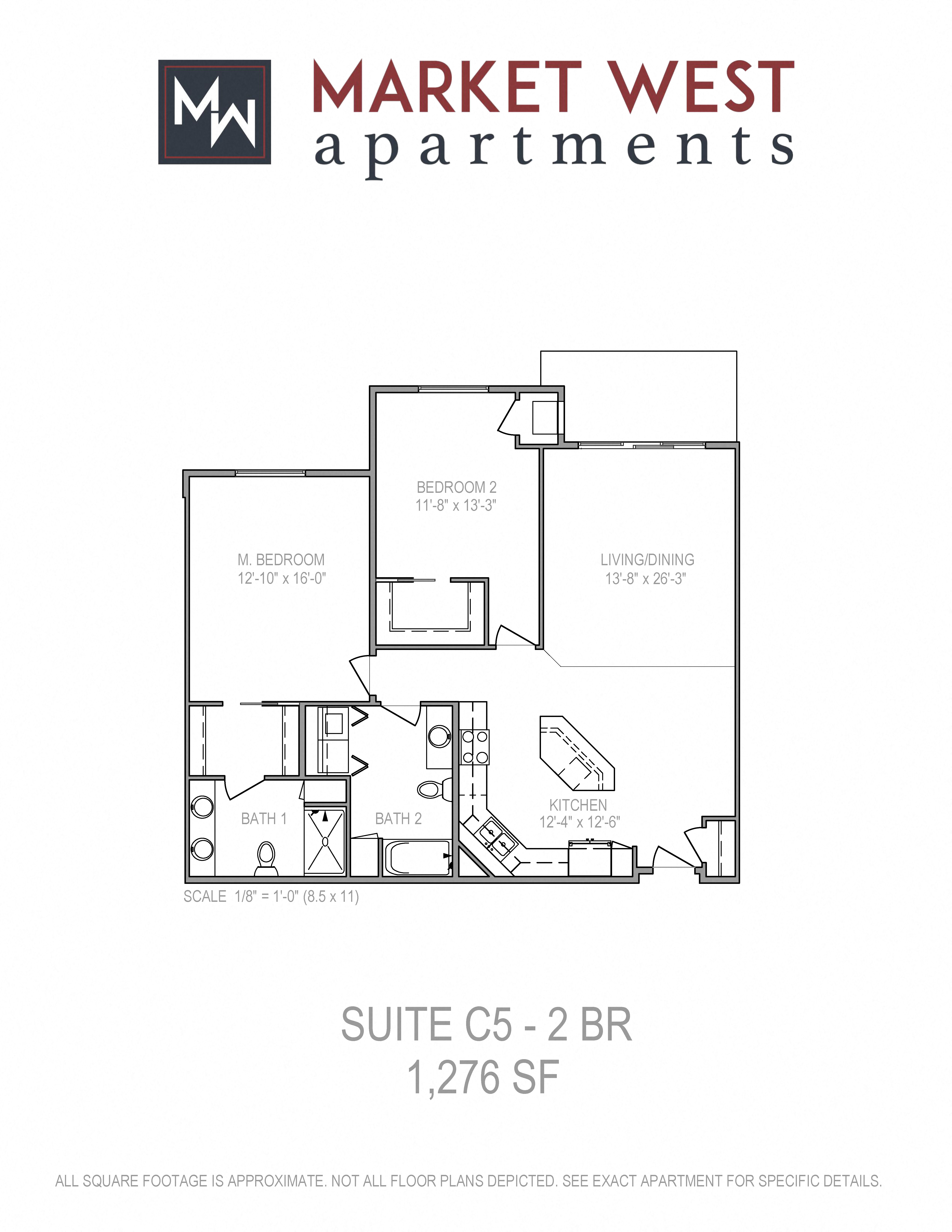 Floor plan for 2 beds, 2 baths, 1276 sqft